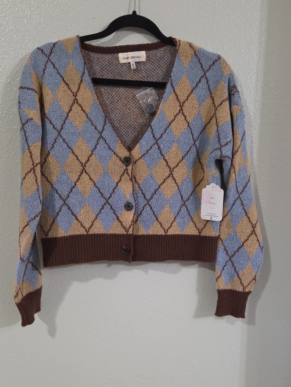 Sweet Republic V-Neck Argyle Cropped Cardigan - Blue & Tan
